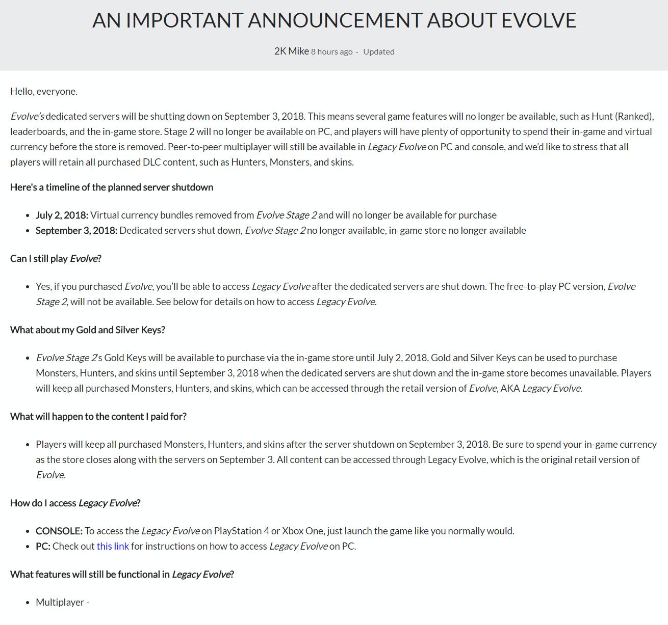 2K Games将关闭《进化》的专属服务器